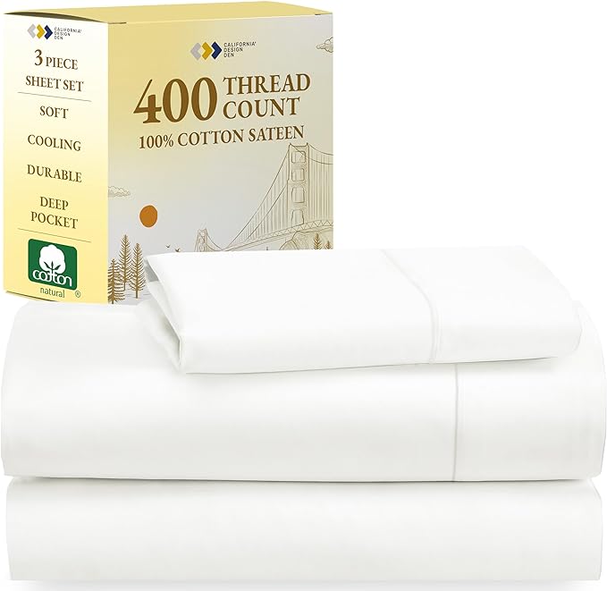 California Design Den Softest 100% Cotton Sheets, Twin XL Sheets Set, 3 Pieces, 400 Thread Count Sateen, Bedding, Dorm Rooms & Adults, Deep Pocket Sheets, Cooling Sheets (Ivory) - LeafyLoom