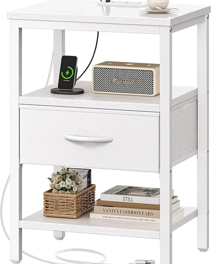 SUPERJARE Nightstand with Charging Station, Bed Side Table with Adjustable Fabric Drawer, Night Stand for Bedroom, 3-Tier Storage End Table, for Living Room, White - LeafyLoom