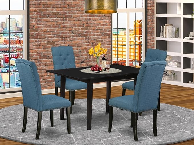 East West Furniture Norfolk 5 Piece Set includes a Rectangle Dining Room Table with Butterfly Leaf and 4 Blue Linen Fabric Upholstered Chairs, 32x54 Inch, NOEL5-BLK-21 - LeafyLoom