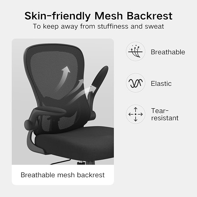 Hbada Office Chair Ergonomic Desk Chair, Office Chairs with PU Silent Wheels, Breathable Mesh Computer Chair with Adjustable Lumbar Support, Flip-up Armrests, Tilt Function, Black - LeafyLoom