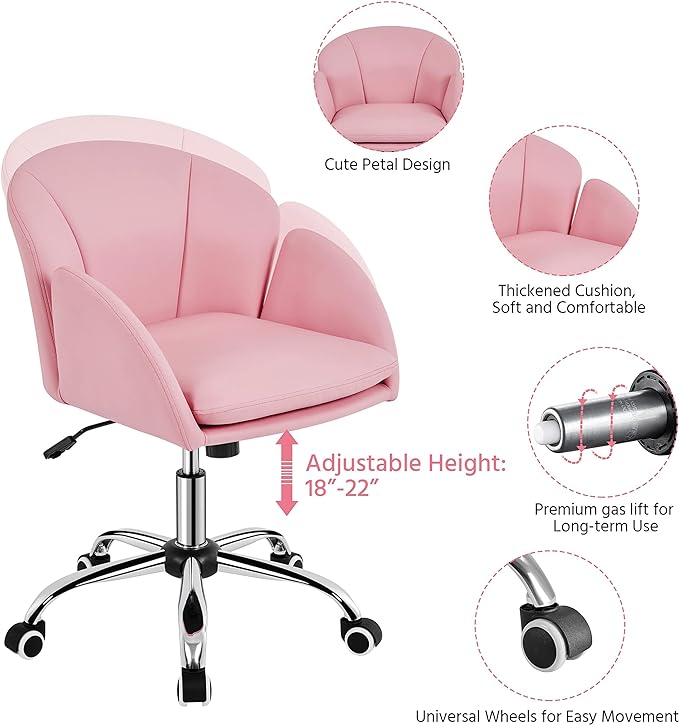 Yaheetech Cute Petal Desk Chair Home Office Chair Swivel Upholstered Leather Desk Chair Makeup Vanity Chair with Armrests for Bedroom Modern Computer Rolling Chair for Women Simple Pink - LeafyLoom