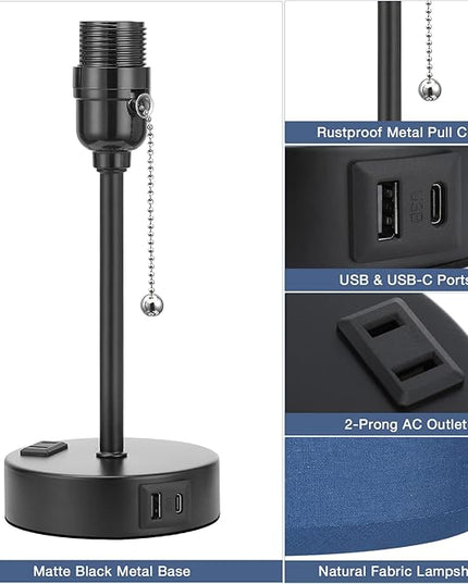 Blue Table Lamps 3 Color Temperatures - 2700K 3500K 5000K Bedside Lamps with USB C and A Ports, Pull Chain Lamps for Bedrooms with AC Outlet, Nightstand Lamps with Black Metal Base for Kids Boys - LeafyLoom