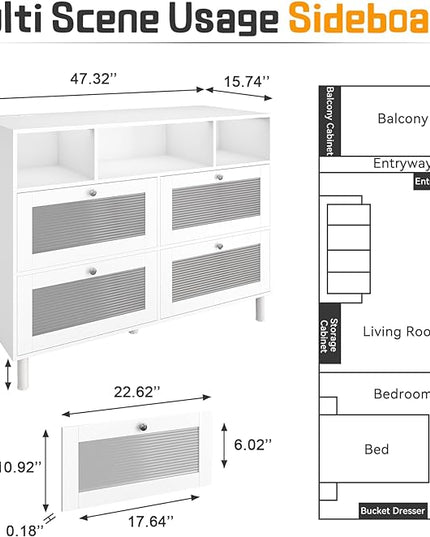 Sideboard Fluted Buffet Cabinet with Storage | 47’’ Large Kitchen Storage Cabinet with LED Light & Power Outlet, Modern Coffee Bar Cabinet Buffet Table for Living Room, Dining Room, Entryway - LeafyLoom