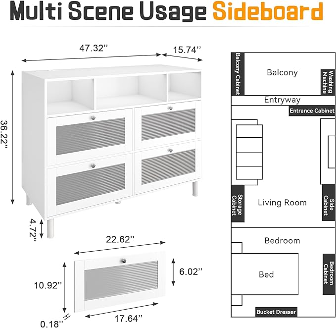 Sideboard Fluted Buffet Cabinet with Storage | 47’’ Large Kitchen Storage Cabinet with LED Light & Power Outlet, Modern Coffee Bar Cabinet Buffet Table for Living Room, Dining Room, Entryway - LeafyLoom