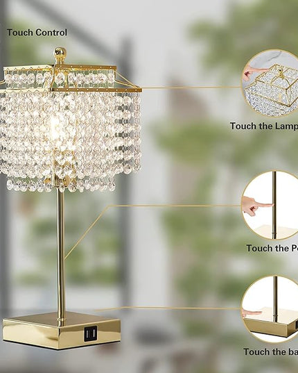 Luvkczc USB Bedside Crystal Table Lamp Gold, Touch Control Lamp, 3-Way Dimmable with Shade for Bedroom, Living Room, 6W LED Bulb Included - LeafyLoom