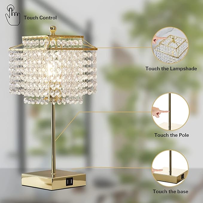 Luvkczc USB Bedside Crystal Table Lamp Gold, Touch Control Lamp, 3-Way Dimmable with Shade for Bedroom, Living Room, 6W LED Bulb Included - LeafyLoom