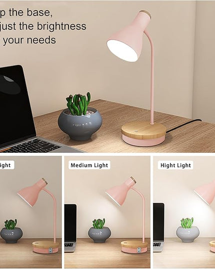 Metal Desk Lamp Touch Reading Lights Table Lamp Arc Desk Lamps for Bedroom, 3 Way Dimmable Bedside Lamp with USB Charging Ports, Reading Lamp for Study Room and Office (Pink-02) - LeafyLoom