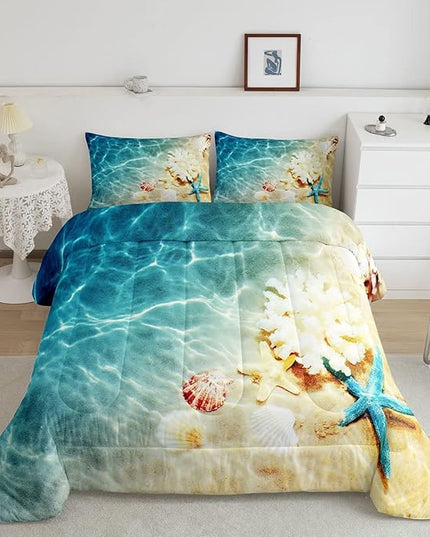 Ocean Comforter Set King Beach Bedding Coastal Nature Theme Pattern Teal Duvet Set Boys Girls Hawaiian Quilt Sets Sea Wave Animals Starfish Reversible Comforter Set 2 Pillowcases, Blue Room Decor - LeafyLoom