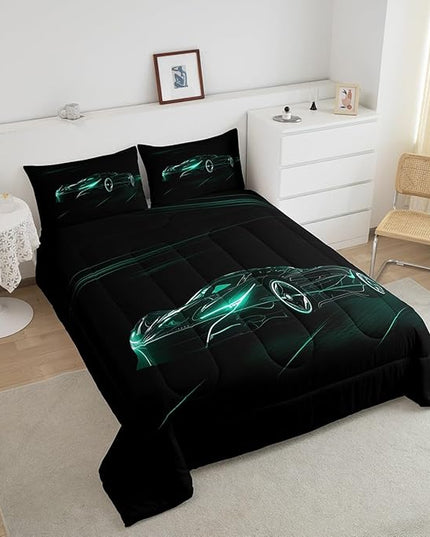 Feelyou Teal Race Car Bedding Set King Size for Kids Boys Extreme Sport Games Comforter Set Teens Toddler Fast and Furious Duvet Set Cool Modern Quilt Set 3Pcs - LeafyLoom