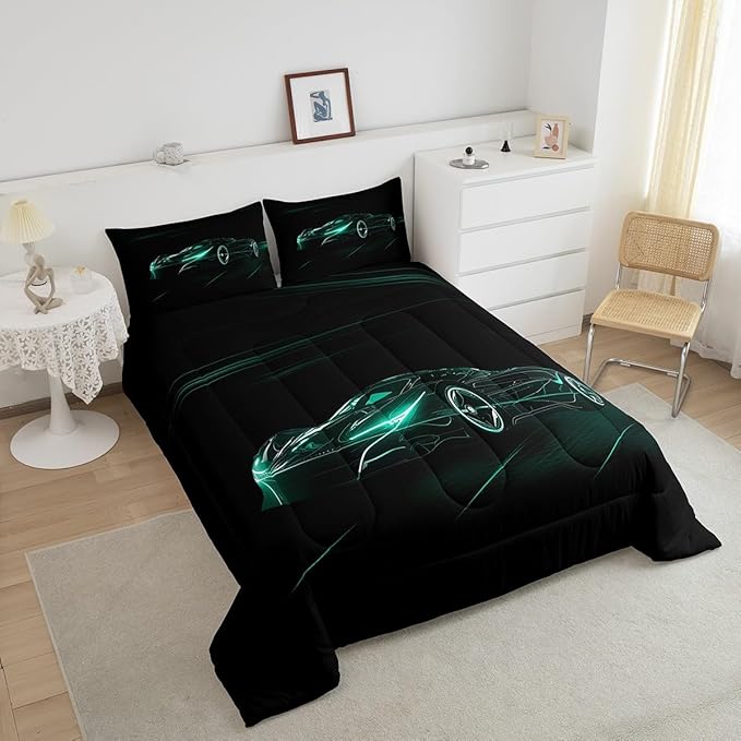 Feelyou Teal Race Car Bedding Set King Size for Kids Boys Extreme Sport Games Comforter Set Teens Toddler Fast and Furious Duvet Set Cool Modern Quilt Set 3Pcs - LeafyLoom
