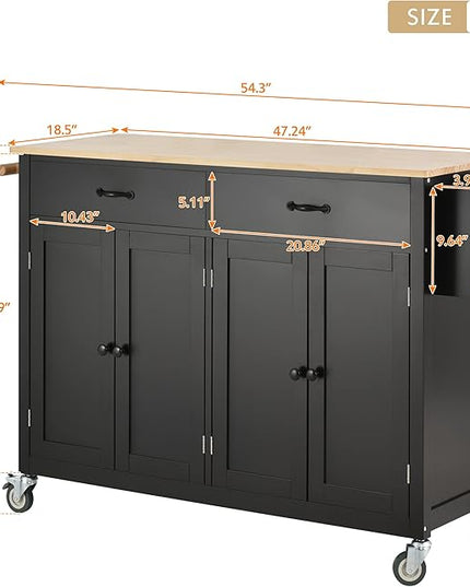Solid Wood Top, Mobile Carts with Storage Cabinet, Rolling Kitchen Table w/Spice, Towel Rack, and Drawer, Portable Islands on Wheels, Black, 54.33 Inch - LeafyLoom