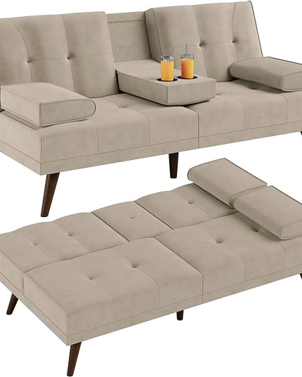 Shintenchi Futon Sofa Bed, Convertible Couch Bed Loveseat, Modern Futon Recliner Sleeper, Small Lazy Futon Set for Living Room, Office, Apartment, Beige - LeafyLoom