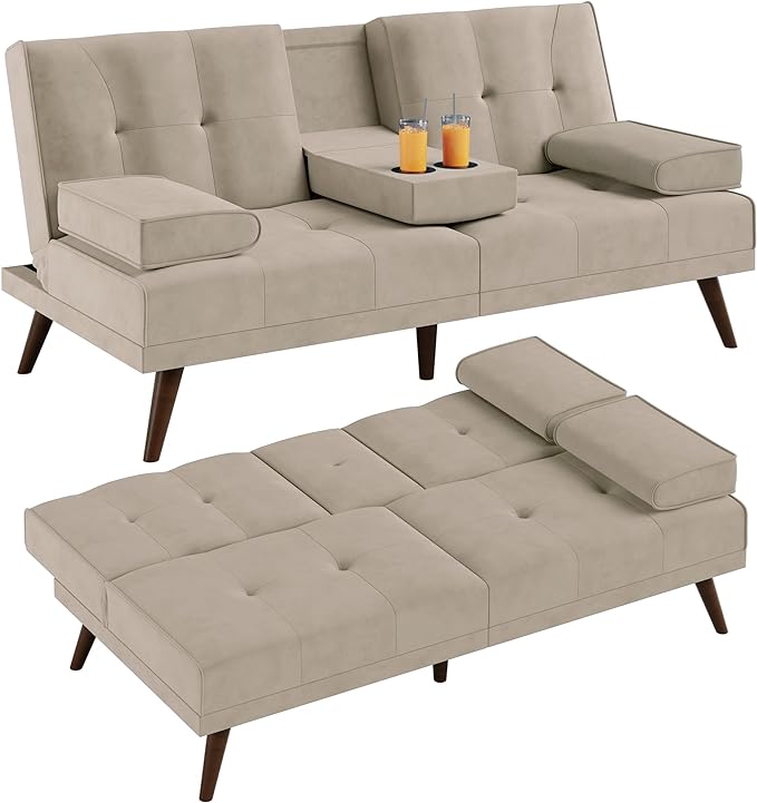 Shintenchi Futon Sofa Bed, Convertible Couch Bed Loveseat, Modern Futon Recliner Sleeper, Small Lazy Futon Set for Living Room, Office, Apartment, Beige - LeafyLoom