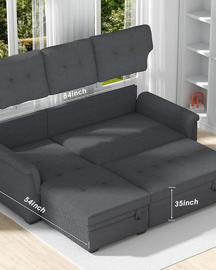LOVMOR L-Shape Reversible Linen Fabric Sleeper Sectional Sofa with Storage Chaise, Dark Gray Corner Couch with Arms for Living Room, Home Furniture, Apartment, Dorm, 84 Inch - LeafyLoom