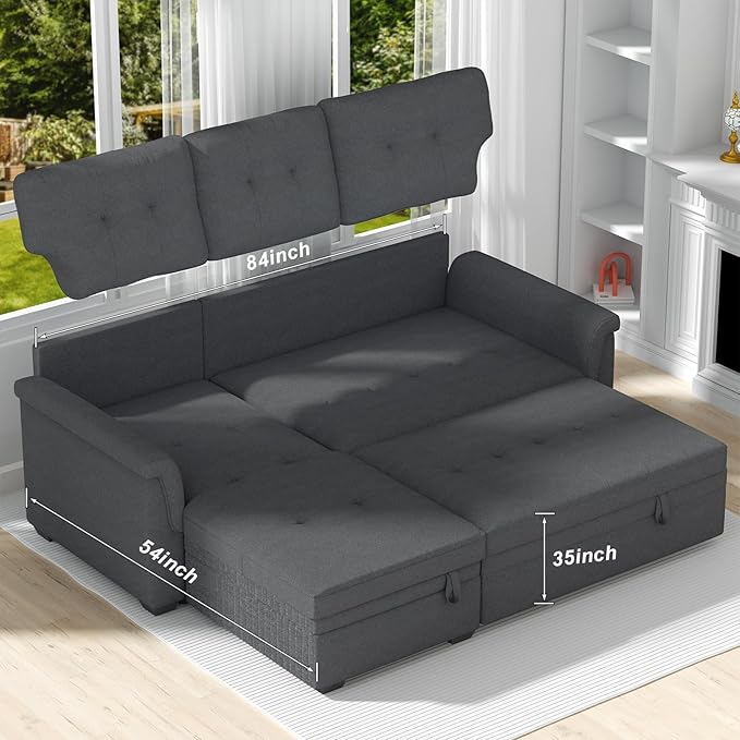 LOVMOR L-Shape Reversible Linen Fabric Sleeper Sectional Sofa with Storage Chaise, Dark Gray Corner Couch with Arms for Living Room, Home Furniture, Apartment, Dorm, 84 Inch - LeafyLoom