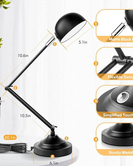 Touch Control LED Desk Lamp with USB Charging Port, Architect Black Metal Lamp with Adjustable Swing Arm, Dimmable Modern Table Lamp for Home Office Reading Study, 3000K/4000K/5000K 3 Color Modes - LeafyLoom