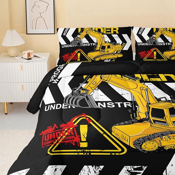 Excavator Comforter King Size,Construction Truck Comforter Set for Kids Teens Boys Girls,3Pcs Bedding Set Printed Comforter with 2 Pillowcases,Soft and Lightweight(Black，King Size) - LeafyLoom