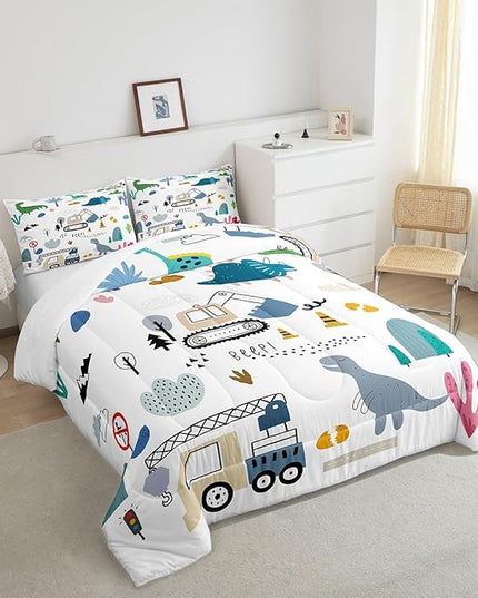 Cartoon Car Comforter Set King Size, Kawaii Dino Bedding For Child, Machinery Trucks Construction Vehicle Cartoon Dinosaurs Bedding Comforter Sets, Cute Wild Animal Equipment Blue Gray Green Quilt - LeafyLoom