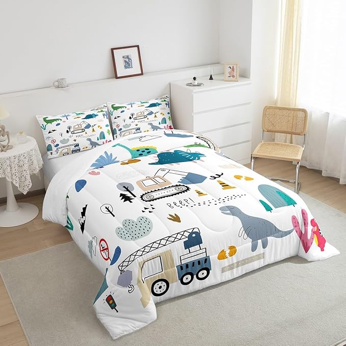 Cartoon Car Comforter Set King Size, Kawaii Dino Bedding For Child, Machinery Trucks Construction Vehicle Cartoon Dinosaurs Bedding Comforter Sets, Cute Wild Animal Equipment Blue Gray Green Quilt - LeafyLoom
