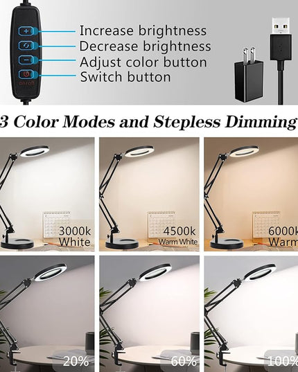 8X Desk Magnifying Glass with Light, NUEYiO 2-in-1 Heavy Duty Base&Clamp Magnifying lamp, 4.1'' Real Glass Len, 3 Color Stepless Dimmable LED Lighted Magnifier Glass for Soldering Crafts Sewing - LeafyLoom