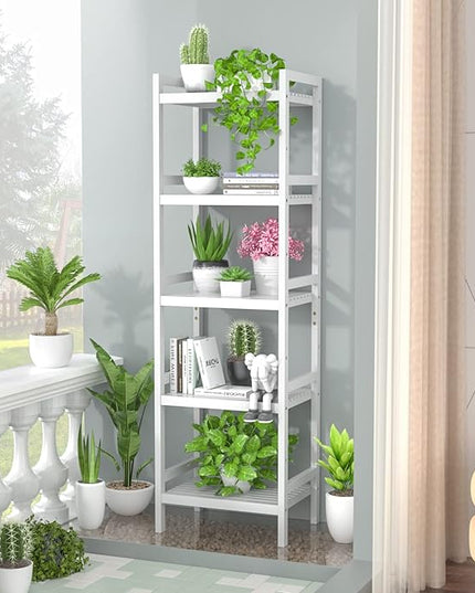 Homykic Bamboo Bookshelf, 5-Tier Narrow 55.9” Adjustable Book Shelf Bookcase Bathroom Shelves Freestanding Storage Stand for Living Room, Bedroom, Kitchen, Rust Resistance, Easy Assembly, White - LeafyLoom