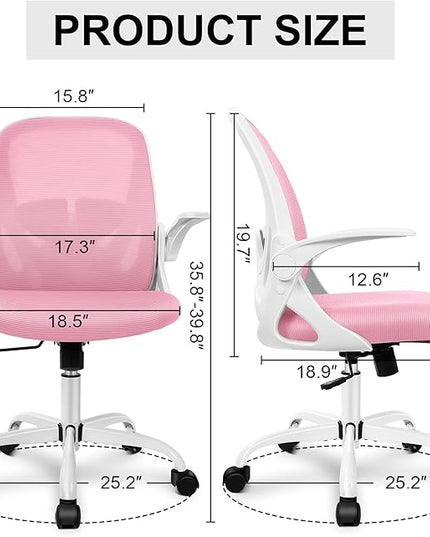 Primy Office Chair Ergonomic Desk Chair with Adjustable Lumbar Support and Height, Swivel Breathable Desk Mesh Computer Chair with Flip up Armrests for Conference Room (Pink) - LeafyLoom