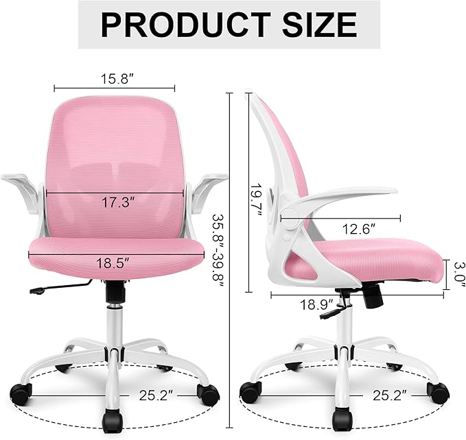 Primy Office Chair Ergonomic Desk Chair with Adjustable Lumbar Support and Height, Swivel Breathable Desk Mesh Computer Chair with Flip up Armrests for Conference Room (Pink) - LeafyLoom