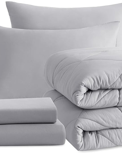 NTBAY Twin Comforter Set with Sheets, 5 Pieces Soft and Breathable Twin Bedding Set, Twin Bed in a Bag, Down Alternative Comforter Set Solid Color All Season, Kids Bedding Set, Light Grey - LeafyLoom