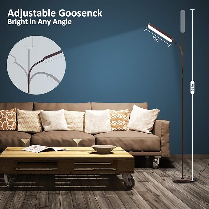 Floor Lamp, 15w/1000lm Bright LED Floor Lamp with Stepless Adjustable 3000K-6000K Colors and Dimmer, Remote and Touch Control Reading Lamp, Adjustable Gooseneck Floor Lamp for Living Room - LeafyLoom