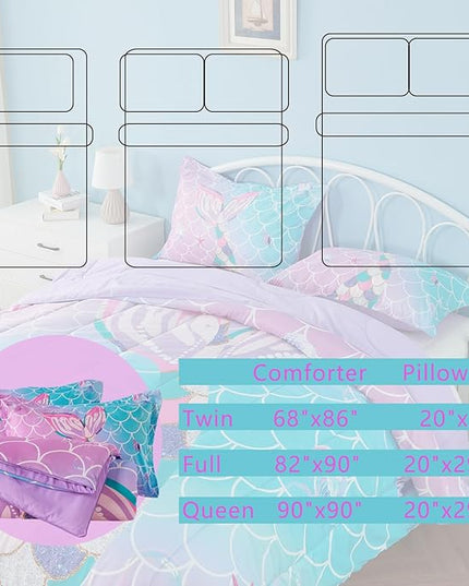 Queen Size Comforter Sets for Girls Mermaid Tail Rainbow Scales Bedding Set 3 Pieces Queen Comforter with 2 Pillowcases for Kids, Teenagers - LeafyLoom