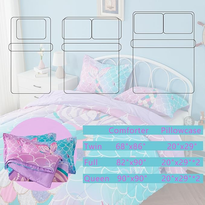 Queen Size Comforter Sets for Girls Mermaid Tail Rainbow Scales Bedding Set 3 Pieces Queen Comforter with 2 Pillowcases for Kids, Teenagers - LeafyLoom