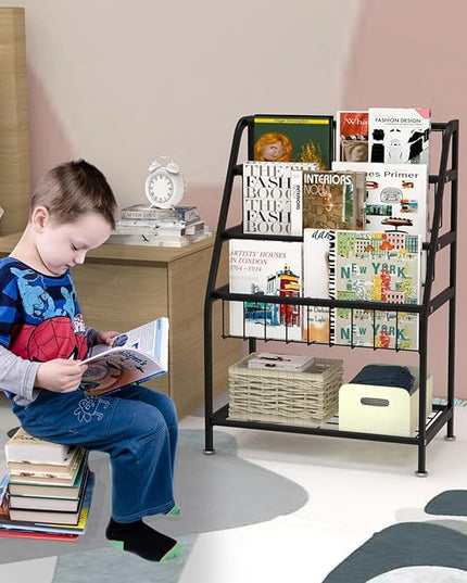 Kids Bookshelf Freestanding for Children Room 18 Inches Black Metal Bookcase Large Capacity Books Toys Organizer Stable 5 Tiers Kids Book Rack for Playroom Bookstore Library. - LeafyLoom