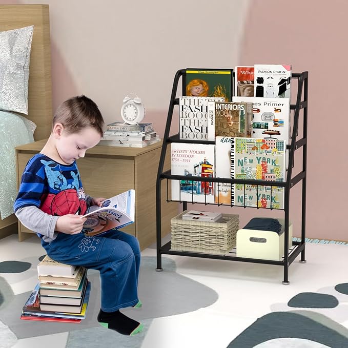 Kids Bookshelf Freestanding for Children Room 18 Inches Black Metal Bookcase Large Capacity Books Toys Organizer Stable 5 Tiers Kids Book Rack for Playroom Bookstore Library. - LeafyLoom