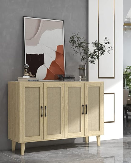 Panana Buffet Storage Cabinet with Rattan Decorating 4 Doors Living Room Kitchen Sideboard 48.43 x 34.65 x 15 inch (Natural Wood) - LeafyLoom