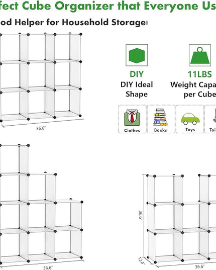 C&AHOME Cube Storage, 9-Cube Plastic Closet Cabinet Organizer, DIY Stackable Bookshelf, Modular shelving Units Ideal for Home, Office, Kids Room, 36.6"L x 12.4" W x 48.4" H Translucent White SBTM3009A - LeafyLoom