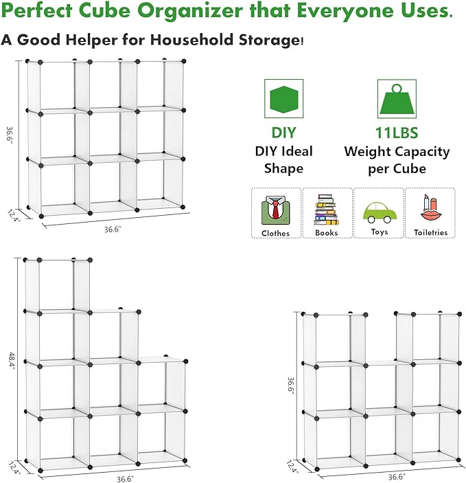 C&AHOME Cube Storage, 9-Cube Plastic Closet Cabinet Organizer, DIY Stackable Bookshelf, Modular shelving Units Ideal for Home, Office, Kids Room, 36.6"L x 12.4" W x 48.4" H Translucent White SBTM3009A - LeafyLoom