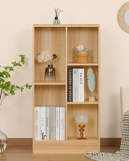 LEYAOYAO 5 Cube Mid-Century Modern Natural Wood Bookshelf with Base, 3 Tier Storage Organizer Shelf, Rustic Wood Display Cabinet for Bedroom, Living Room, Office - LeafyLoom