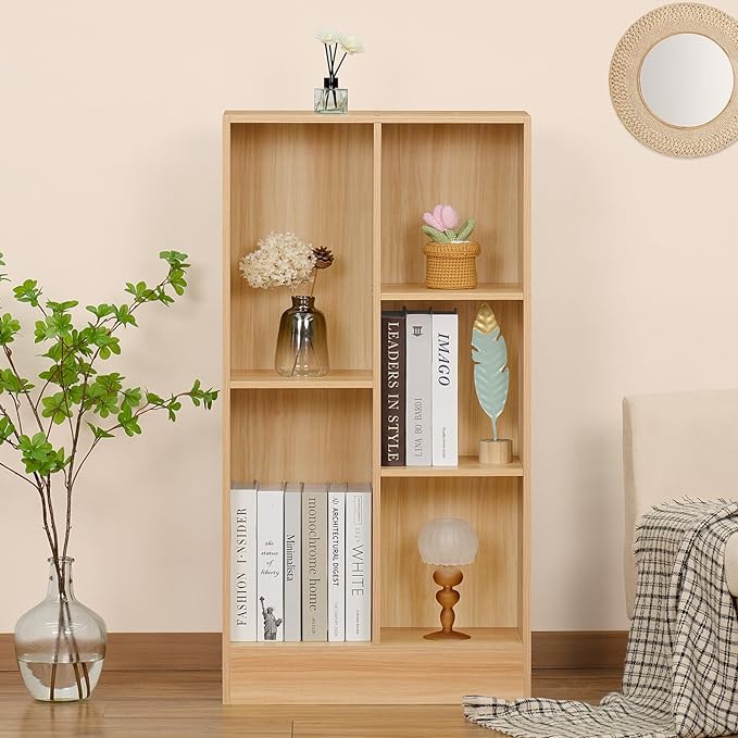 LEYAOYAO 5 Cube Mid-Century Modern Natural Wood Bookshelf with Base, 3 Tier Storage Organizer Shelf, Rustic Wood Display Cabinet for Bedroom, Living Room, Office - LeafyLoom