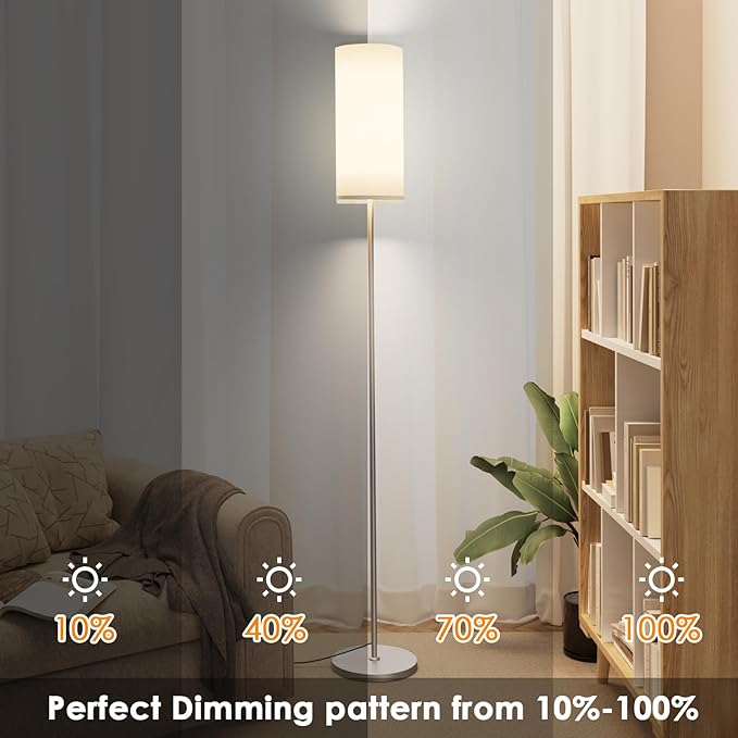 Floor Lamp for Living Room, Modern Standing lamp with Remote Control, Stepless Dimmable 12W Bulb & Beige Lampshade Included, Brushed Nickel Pole Tall Floor Lamp for Bedroom Office - LeafyLoom