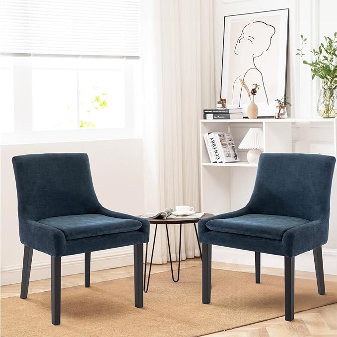 COLAMY Modern Dining Chairs Set of 2, Upholstered Corduroy Accent Side Leisure Chairs with Mid Back and Wood Legs for Living Room/Dining Room-Blue - LeafyLoom