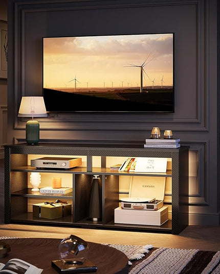 Bestier LED Tall TV Stand, Entertainment Center for 55/60/65 inch TV, Gaming TV Console with Storage for PS5, Adjustable Shelf Modern High TV Cabinet for Living Room Bedroom, Carbon Fiber Black - LeafyLoom
