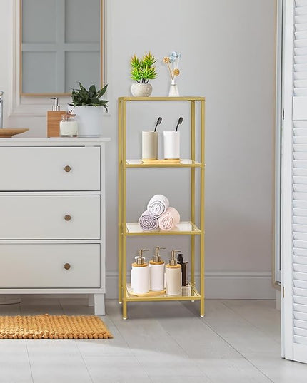 4-Tier Bookshelf,Metal Bookcase,Tempered Glass Shelves,Storage Rack Shelf for Home Office,Living Room,Bedroom, Bathroom,Modern Style,Golden - LeafyLoom