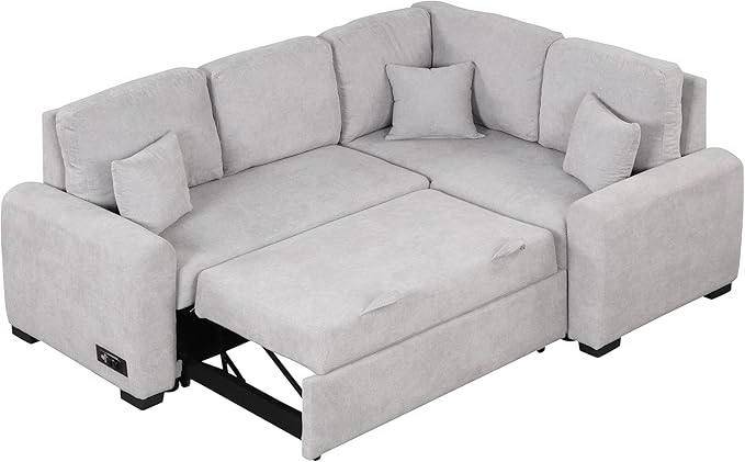 3 in 1 Convertible Sectional Sofa with Pull Out Bed , 87.4" L Shaped Corner Couch with USB Charging Ports & Plug Outlet , Breathable Linen Fabric Conversion Sofabed for Living Room Office Furniture - LeafyLoom