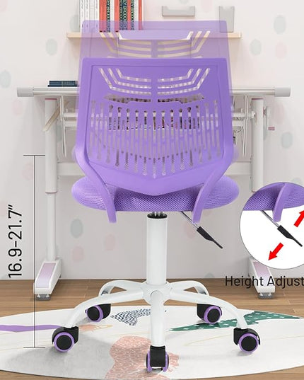 Kids Desk Chair, Armless Home Office Task Chair with Mesh Padded Cushion, Swivel Study Computer Chair with Rolling Wheels for Children Student, Purple - LeafyLoom