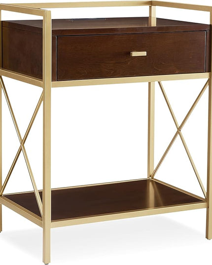 Leick Home 9069-WA One Drawer Nightstand Side Table Contemporary Modern USB-C Fast Charging Station A/C USB Charging Port Integrated Durable Solid Metal Wood Living Room Bedroom Office Walnut and Gold - LeafyLoom