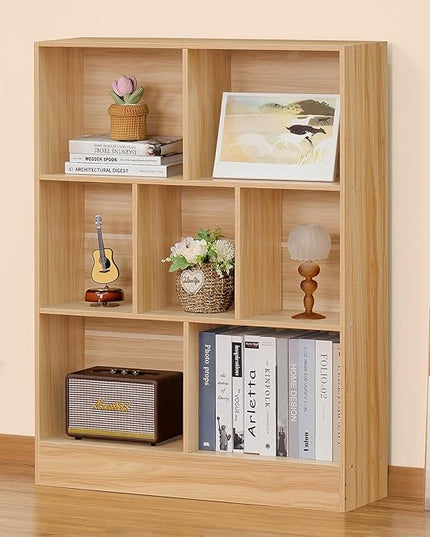 LEYAOYAO 7 Cube Bookshelf with Base,3 Tier Mid-Century Modern Natural Bookcase,Standing Wide Bookshelves Storage Organizer Shelf,Rustic Wood Display Cabinet Book Shelves for Bedroom,Living Room,Office - LeafyLoom