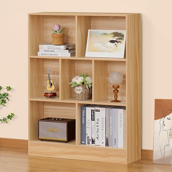 LEYAOYAO 7 Cube Bookshelf with Base,3 Tier Mid-Century Modern Natural Bookcase,Standing Wide Bookshelves Storage Organizer Shelf,Rustic Wood Display Cabinet Book Shelves for Bedroom,Living Room,Office - LeafyLoom