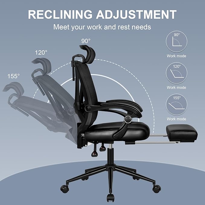 Misolant Ergonomic Office Chair with Footrest, Ergonomic Desk Chair with Adjustable 2D Lumbar Support, High Back Office Chair with Adjustable Headrest, Comfortable Leather Office Chair -Black - LeafyLoom