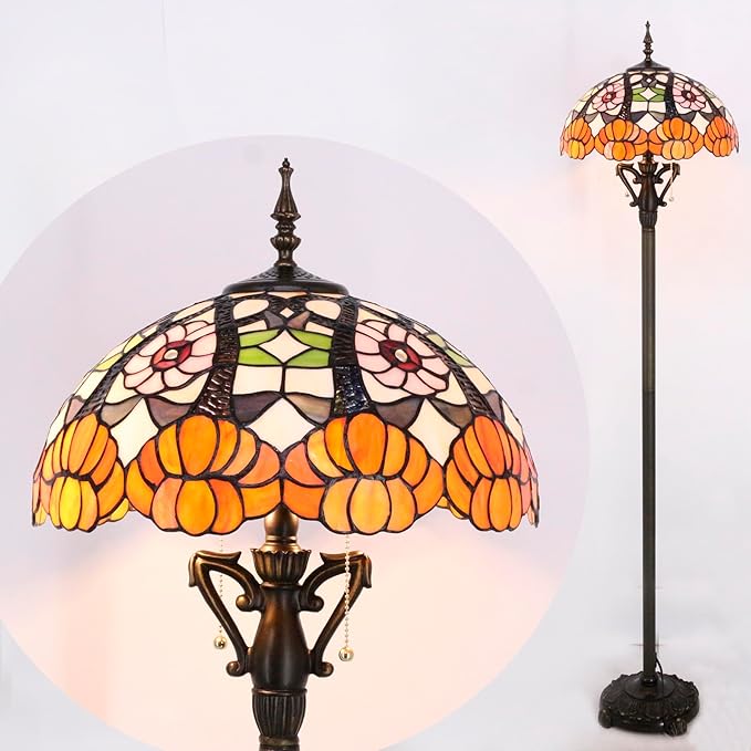 Tiffany Floor Lamp Stained Glass Standing Reading Lamp 16X16X66 Inches Antique Pole Corner Light for Bedroom Living Room Home Office (Yellow Flowers) - LeafyLoom