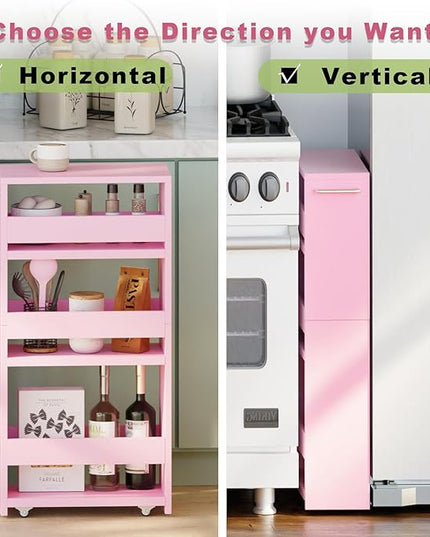 TEAMIX 4 Tier Slim Storage Cart with Handle, Pink Laundry Room Cart Between Washer and Dryer Rolling Narrow Kitchen Cart for Small Spaces (Pink, 5-1/2'' W) - LeafyLoom